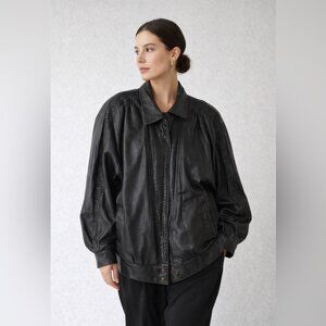 Vintage 80s Black Leather Bomber Jacket Women Oversized Puff Sleeve Retro Grunge